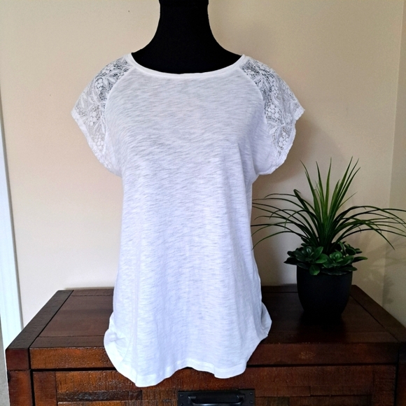 Chaps White Tee Size Medium Lace Detail Shoulder Lightweight - Picture 1 of 13